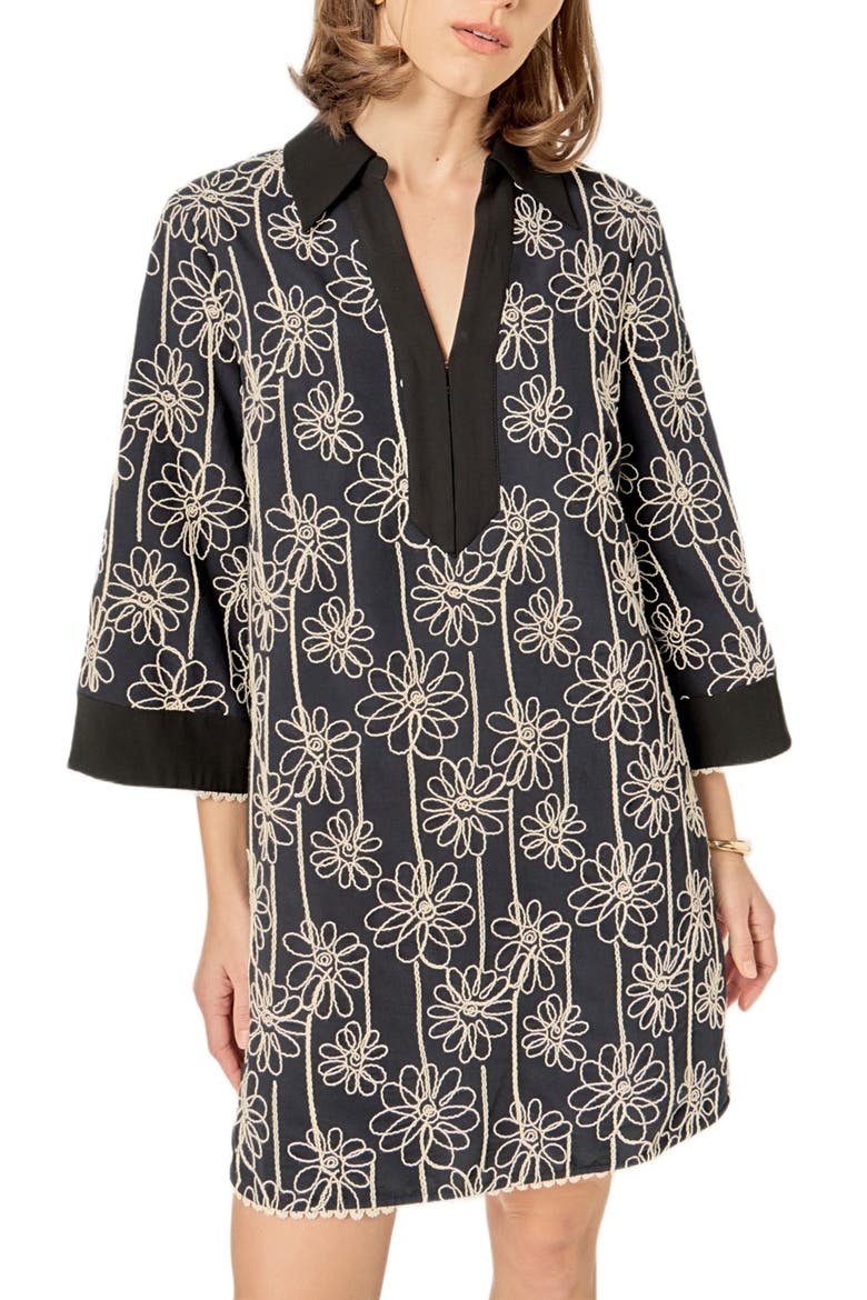 Floral Embroidery Shift Minidress, Alternate, color, BLACK/ NATURAL