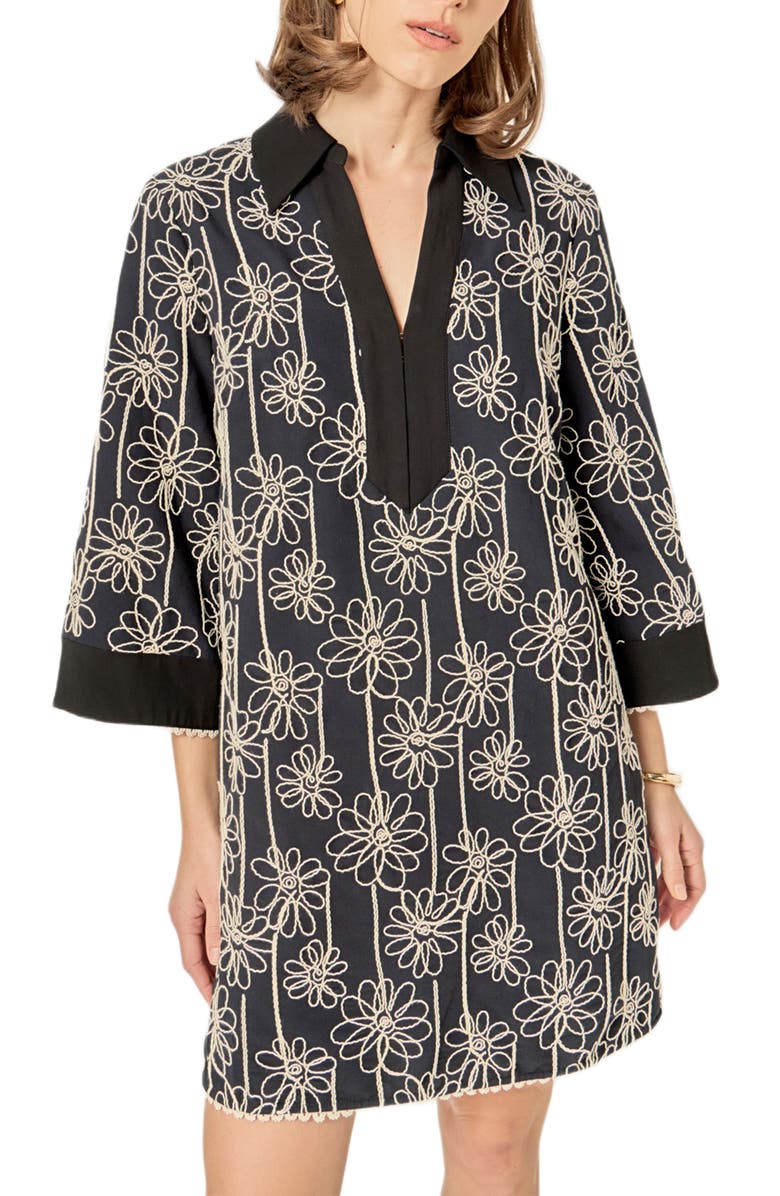 English Factory Floral Embroidery Shift Minidress, Alternate, color, Black/ Natural