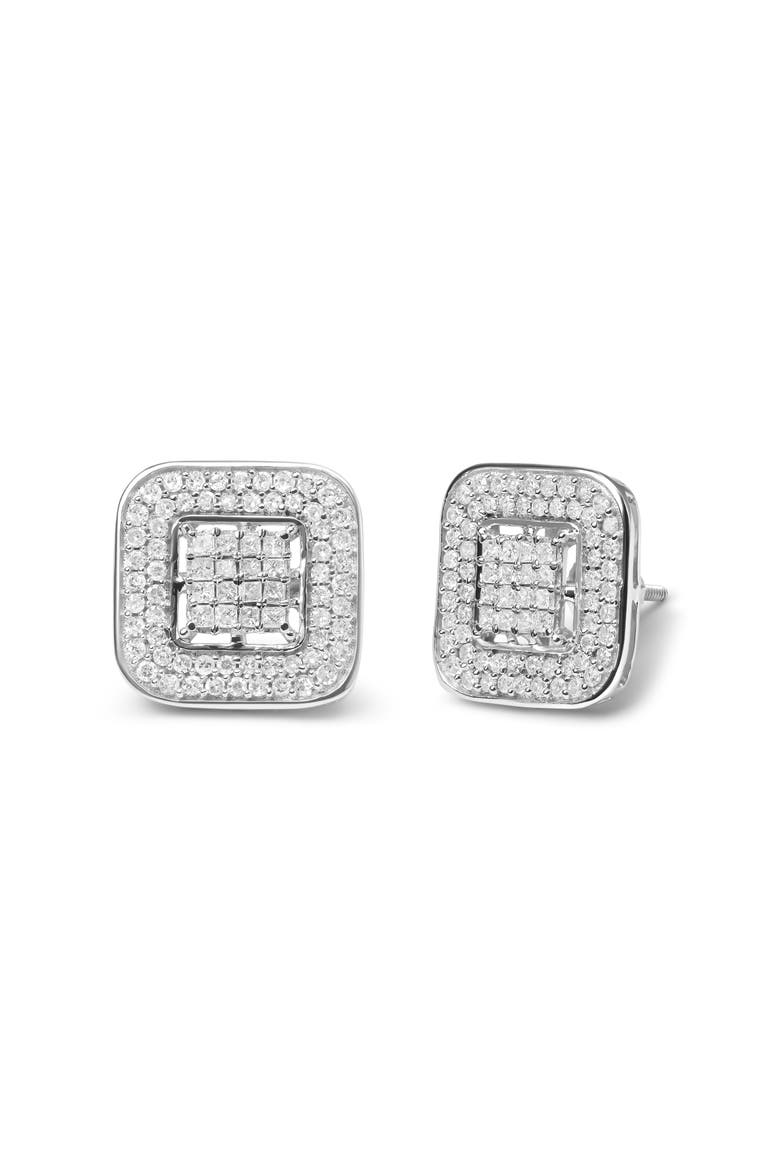 10K White Gold 1.0 Cttw Round and Princess Diamond Composite Halo Stud Earrings, Alternate, color, White