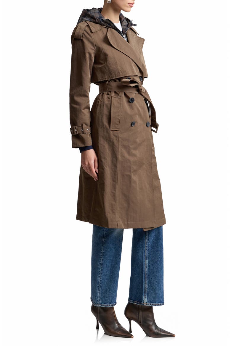 Crinkled Nylon Trench Coat with Hooded Bib Inset, Alternate, color, MOSS PLAID