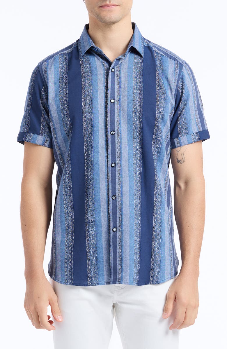 Robert Graham Pembroke Stripe Cotton Short Sleeve Button-Up Shirt, Main, color, Indigo