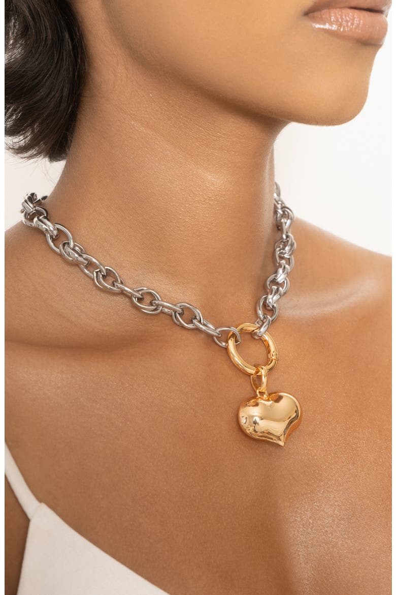 Mixed Finish Heart Pendant Necklace, Alternate, color, RHODIUM/GOLD