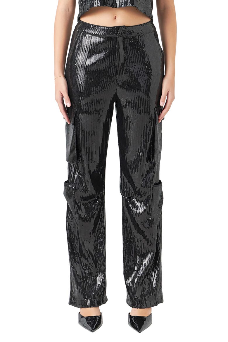 Sequin Wide Leg Cargo Pants, Main, color, BLACK