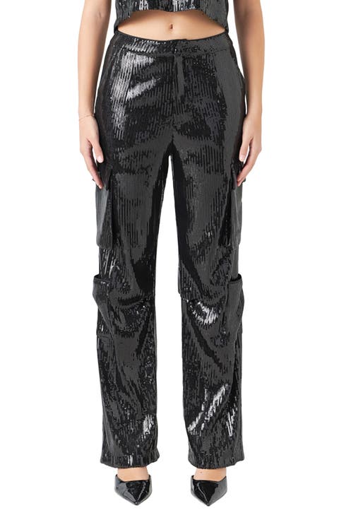 Sequin Wide Leg Cargo Pants