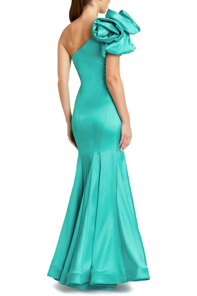 Satin Mermaid Dramatic Rosette One Shoulder Gown, Alternate, color, Teal