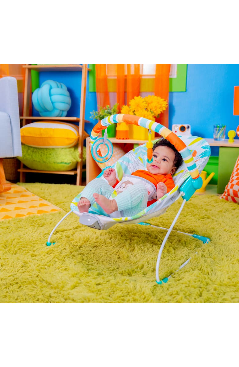 BRIGHT STARTS Rainforest Vibes Vibrating Bouncer with Toy Bar, Alternate, color, Blue