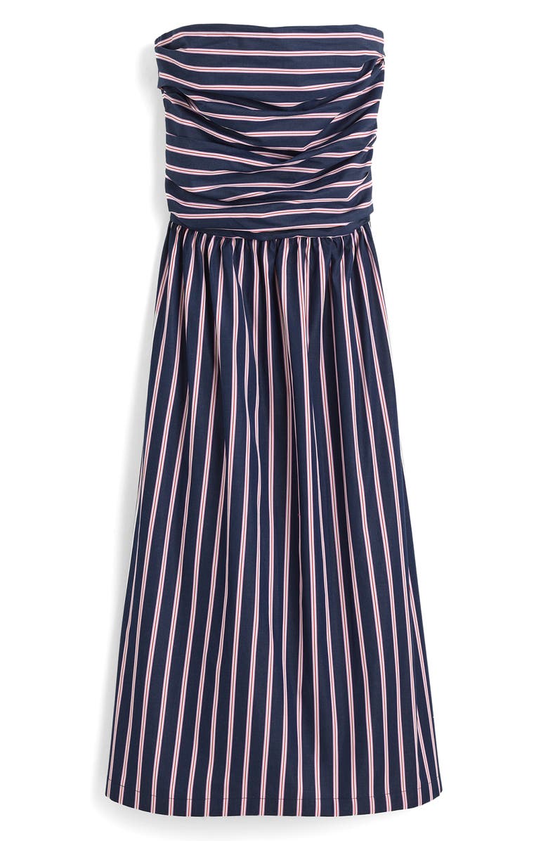 Madewell Stripe Strapless Ruched Midi Dress, Alternate, color, Classic Indigo