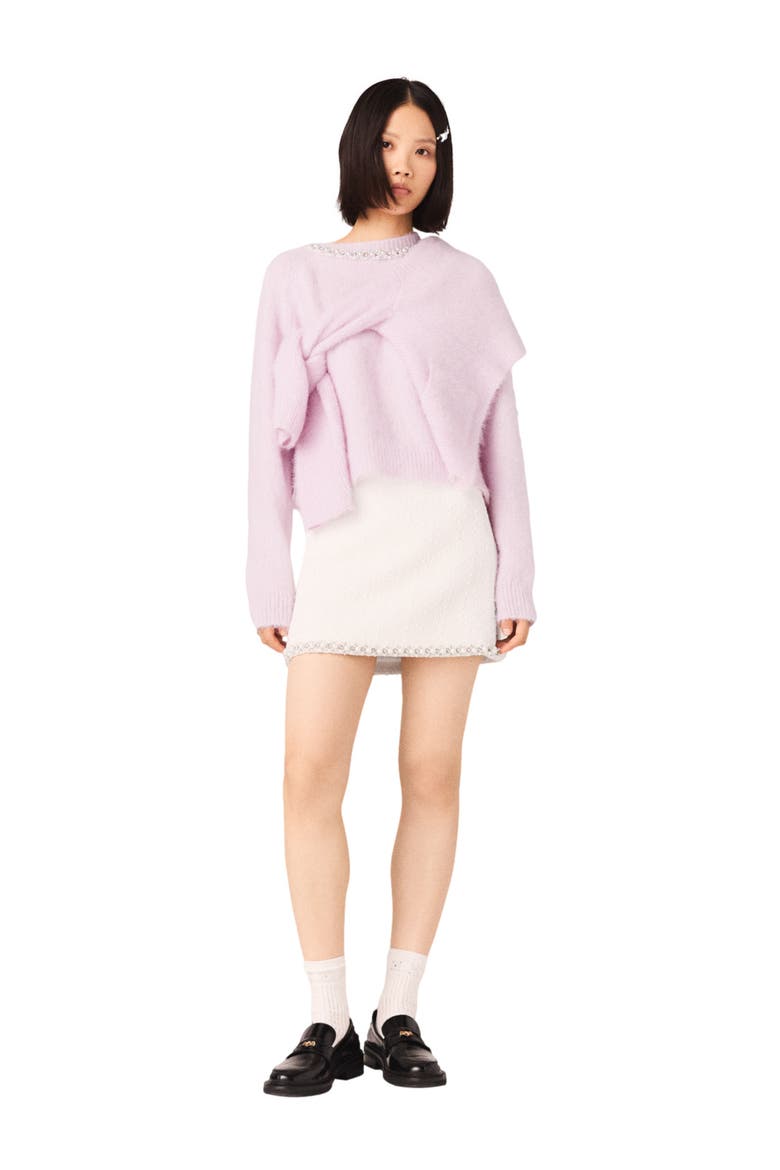 Pearl-trim tweed skirt, Main, color, Ecru
