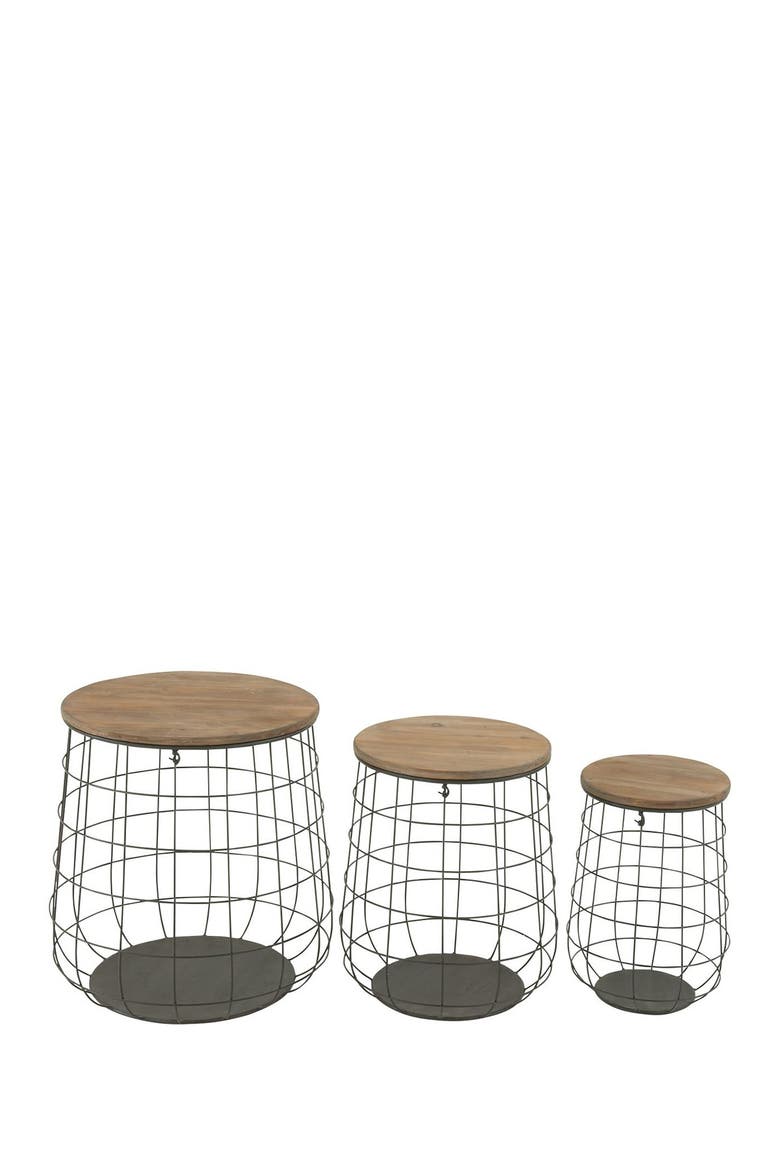 Brown Metal Storage Basket with Wood Lid - Set of 3, Main, color, BROWN