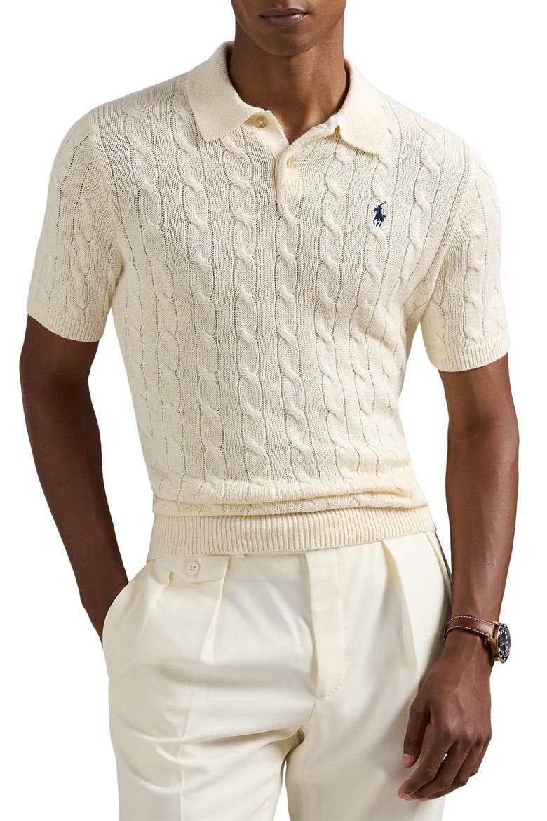 Cable Short Sleeve Polo Sweater, Main, color, ANDOVER CREAM