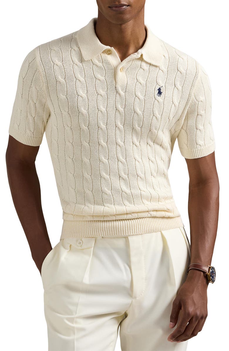 Polo Ralph Lauren Cable Short Sleeve Polo Sweater, Main, color, Andover Cream