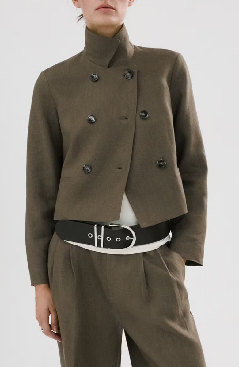 MANGO Double Breasted Linen Jacket, Main, color, Khaki Green