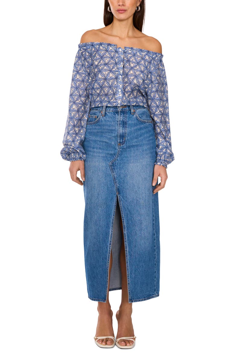 Floral Off the Shoulder Button-Up Shirt, Alternate, color, LAKE BREEZE