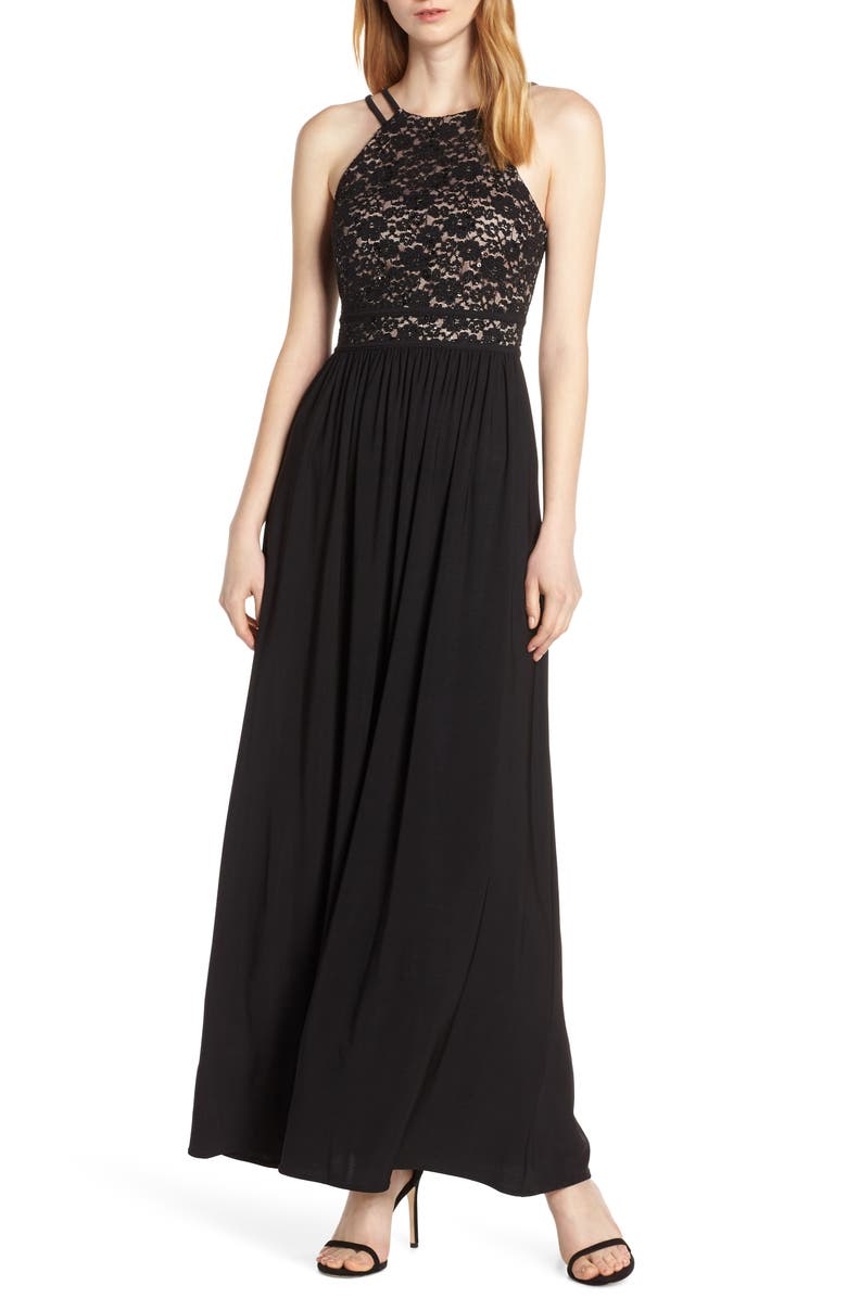 Morgan & Co. Lace & Chiffon A-Line Gown, Main, color,