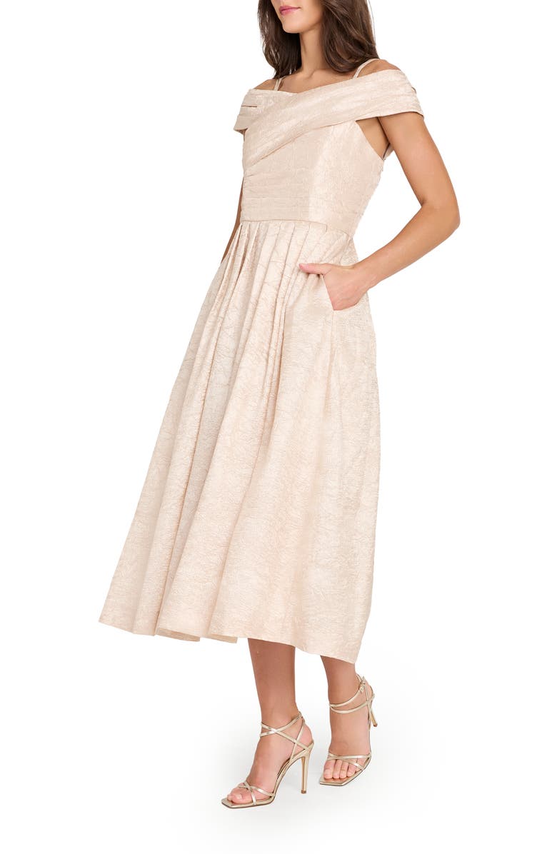 Tahari ASL Crushed Taffeta Cold-Shoulder Fit & Flare Cocktail Dress, Alternate, color, Champagne