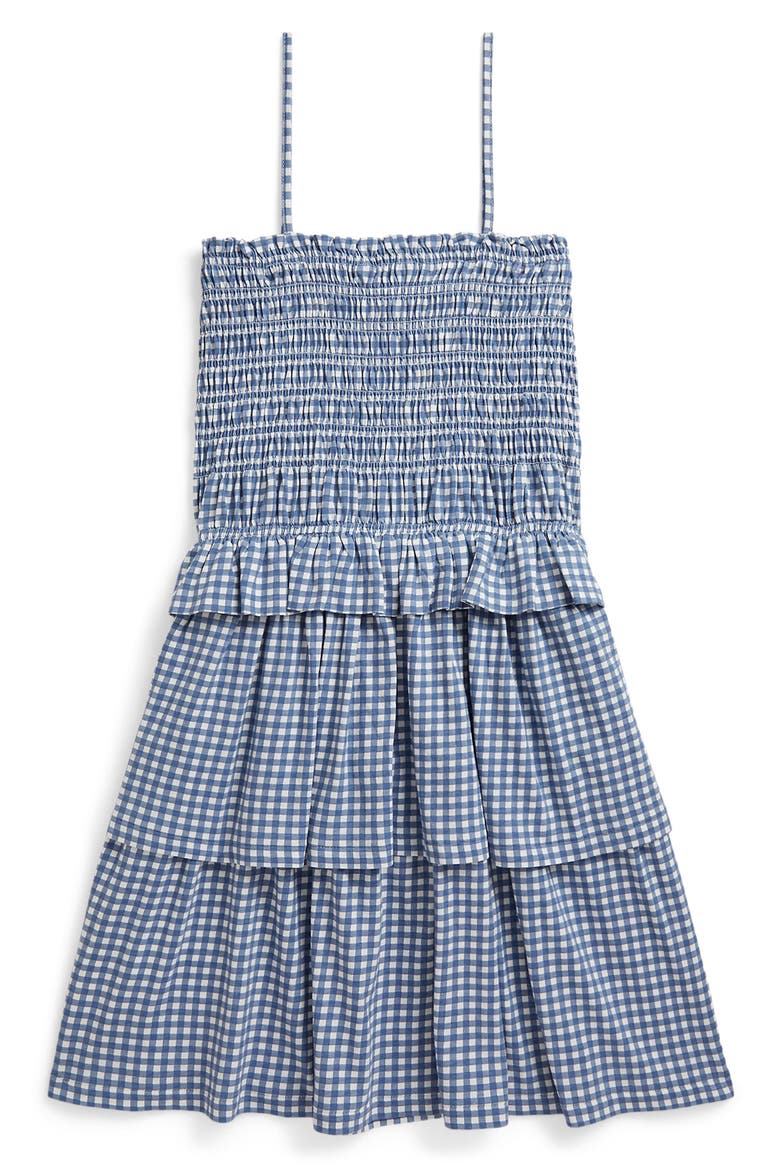 Kids' Gingham Smocked Bodice Tiered Cotton Sundress, Alternate, color, BLUE GINGHAM