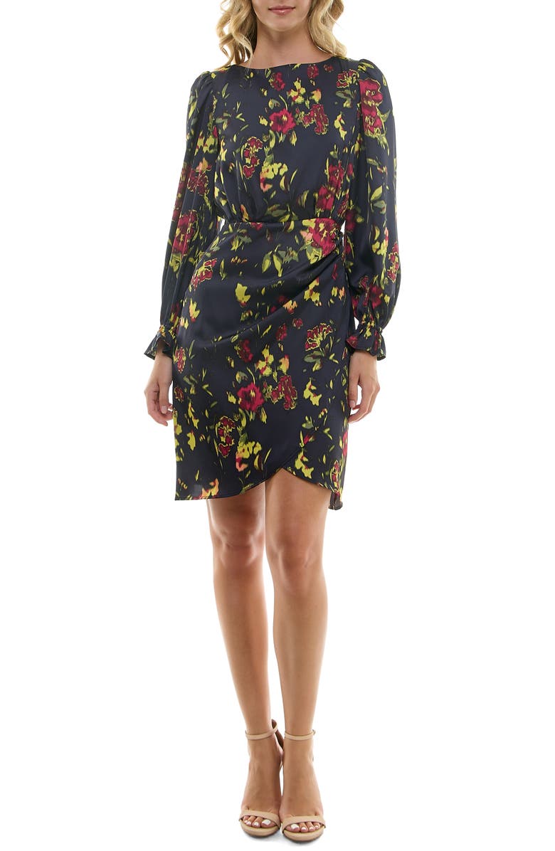 Nicole Miller Floral Faux Wrap Minidress, Main, color, Deep Navy Print