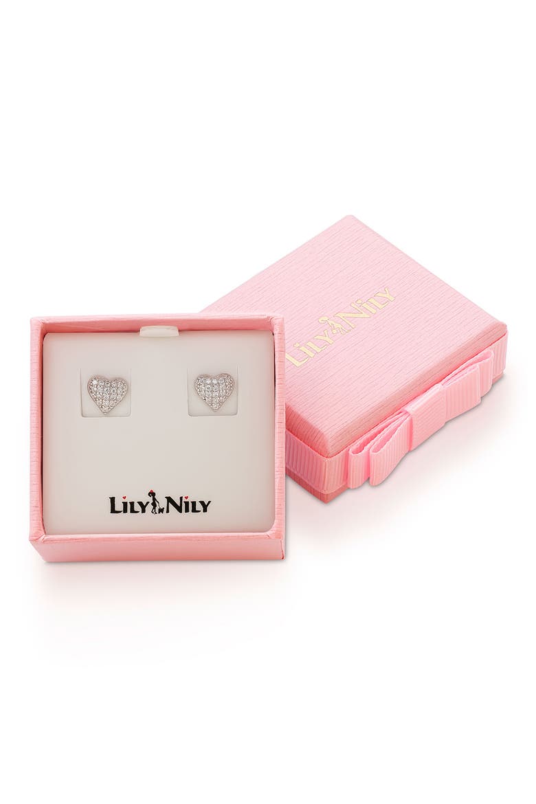 Kids' Pavé Cubic Zirconia Heart Stud Earrings, Alternate, color, SILVER