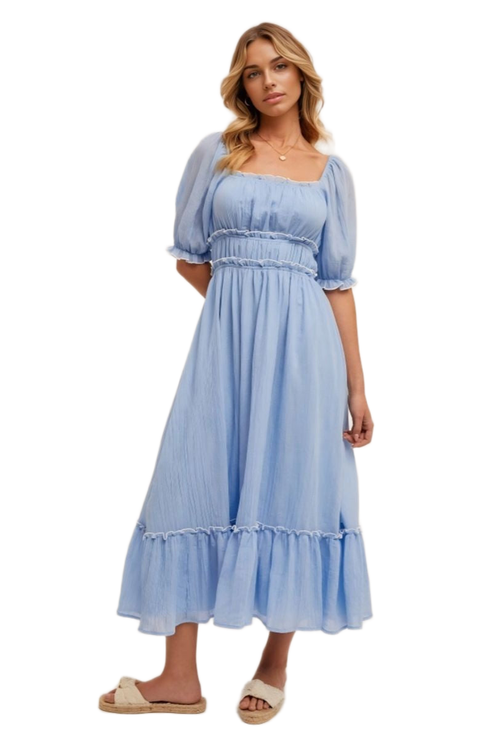 Puff Sleeve Square Neck Midi Dress with Tiered Skirt and Ruffle Trim