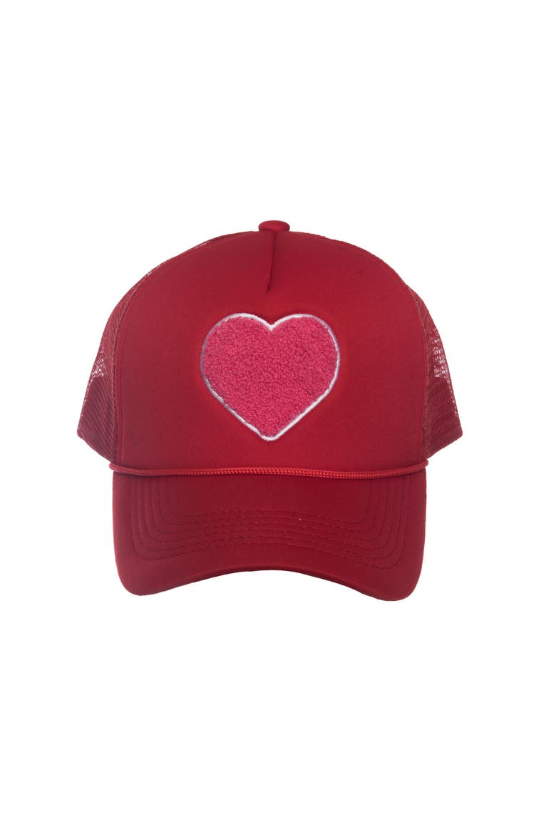 Heart Fuzzy Patch Trucker Hat Cotton Pink, Main, color, Red