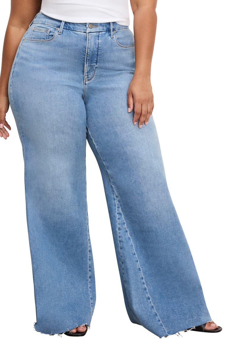 Good American Good Waist High Waist Raw Hem Wide Leg Palazzo Jeans, Alternate, color, Indigo983