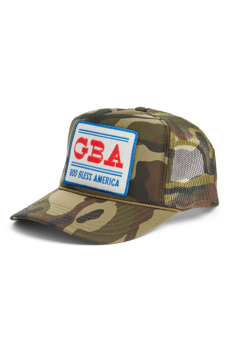 Friday Feelin’ God Bless America Camo Trucker Hat, Main, color, Camo