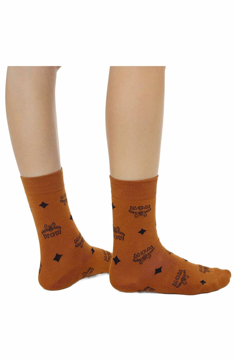 MCM Monogram Knit Socks, Alternate, color, Cognac