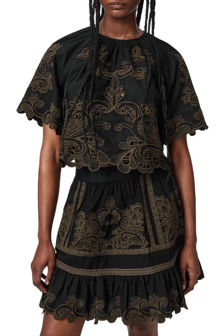 Miriam Embroidered Cotton Top, Main, color, BLACK/ KHAKI