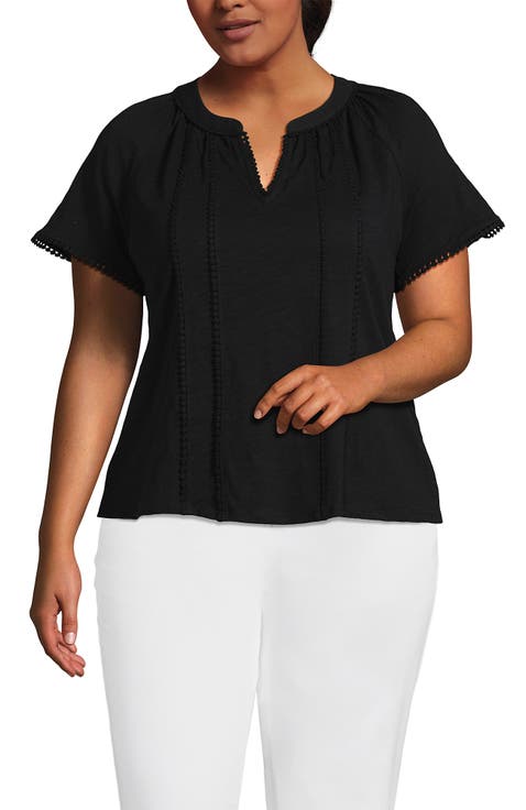 Plus Size Slub Short Sleeve Notch Neck Top