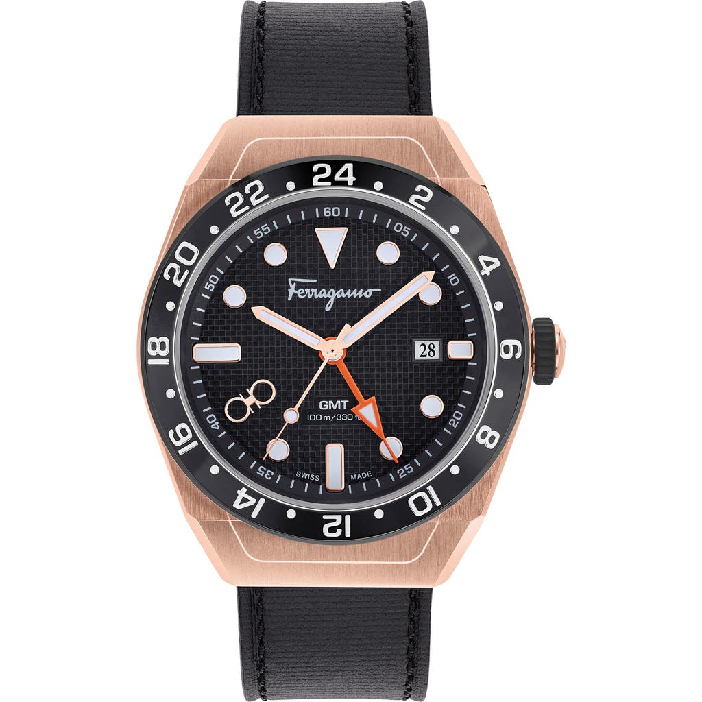 Ferragamo Slx Gmt Leather Strap Watch, 43mm In Rose Gold