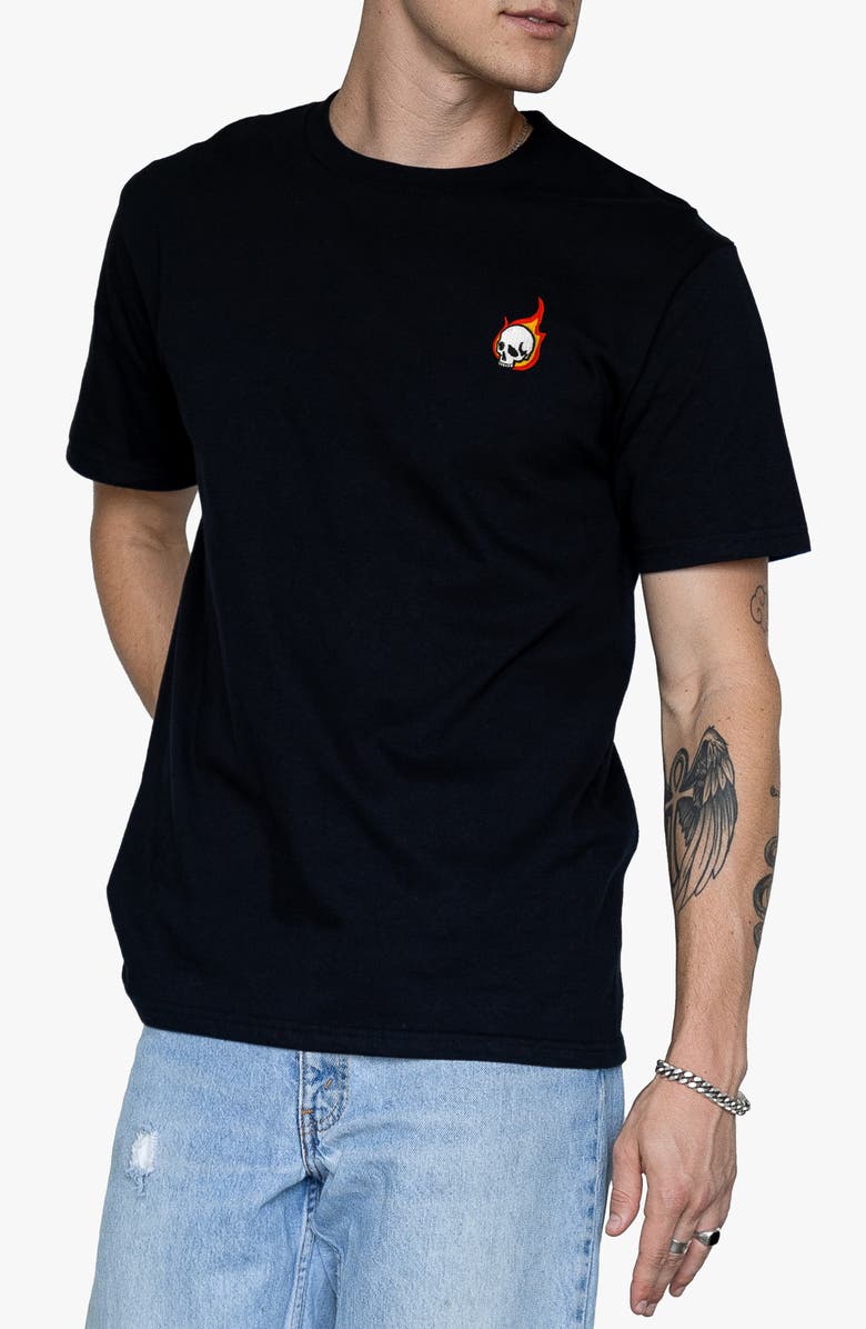 RIOT SOCIETY Flaming Skull Graphic Print T-Shirt, Main, color,