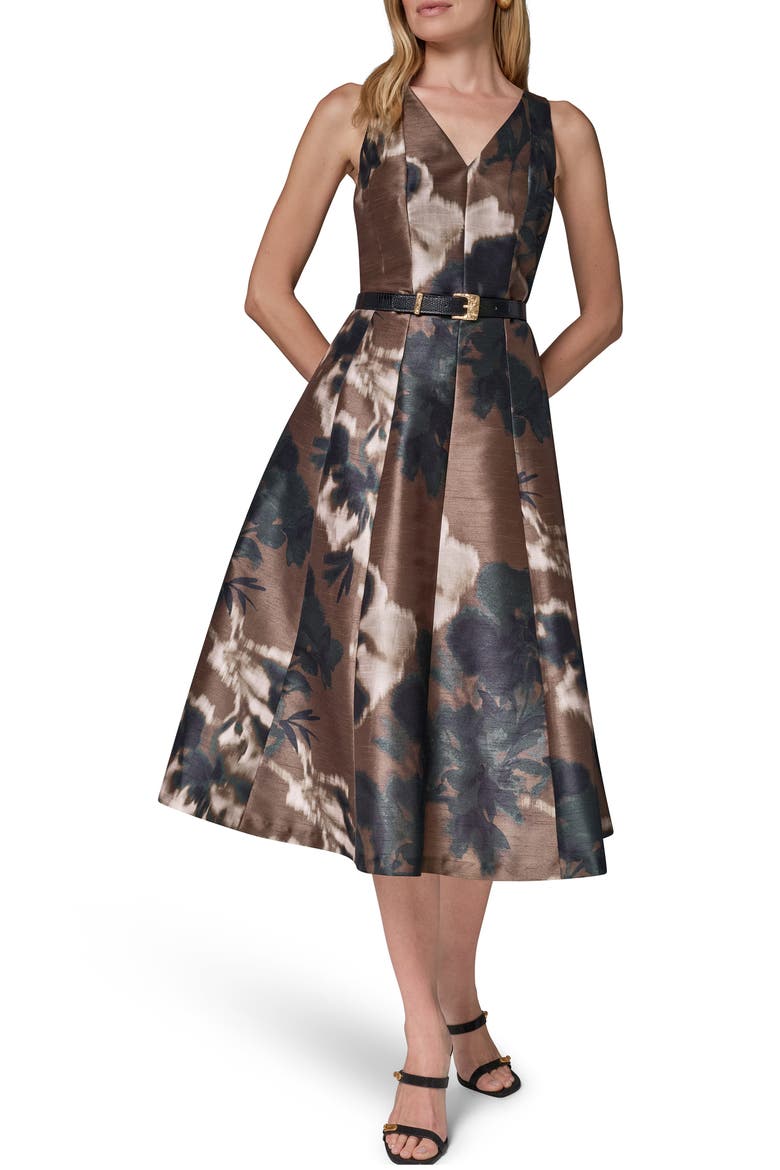 Printed V-Neck Belted Midi Dress, Alternate, color, OLIVE BROWN