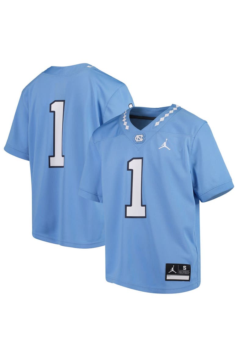 Youth Jordan Brand #1 Carolina Blue North Carolina Tar Heels Team Replica Football Jersey, Alternate, color, Light Blue