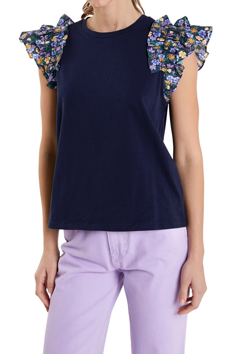 Floral Ruffle Sleeve Top, Main, color, NAVY MULTI