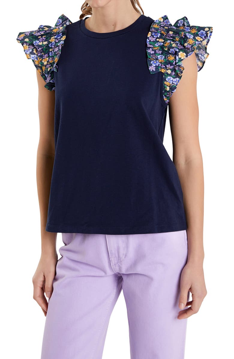 English Factory Floral Ruffle Sleeve Top, Main, color, 