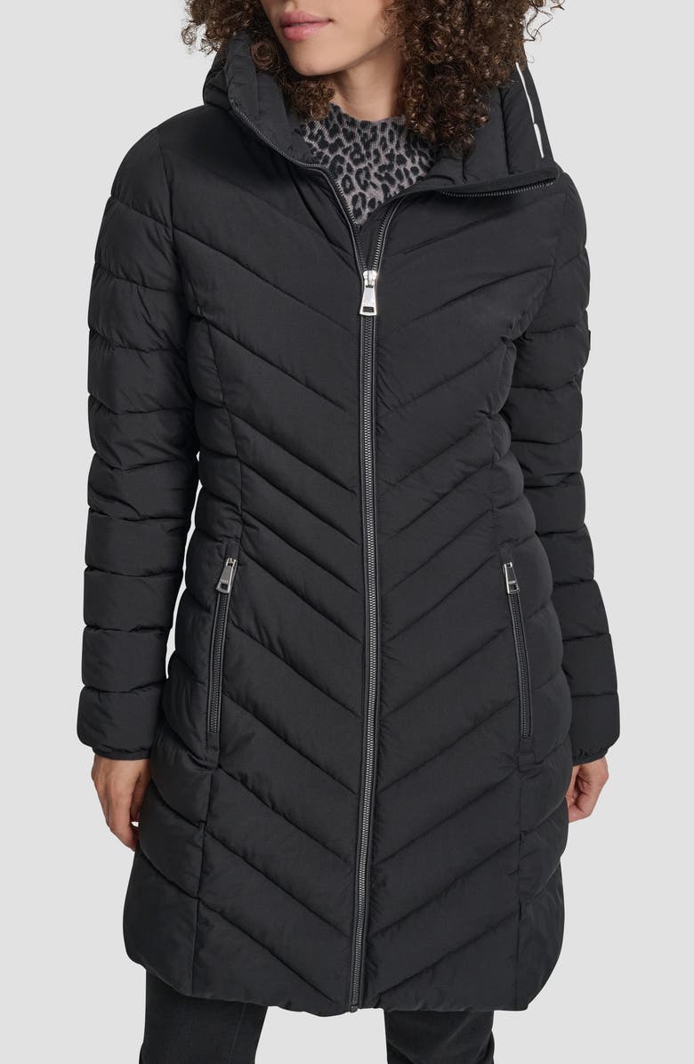 DKNY Hooded Chevron Puffer Jacket, Main, color, Black
