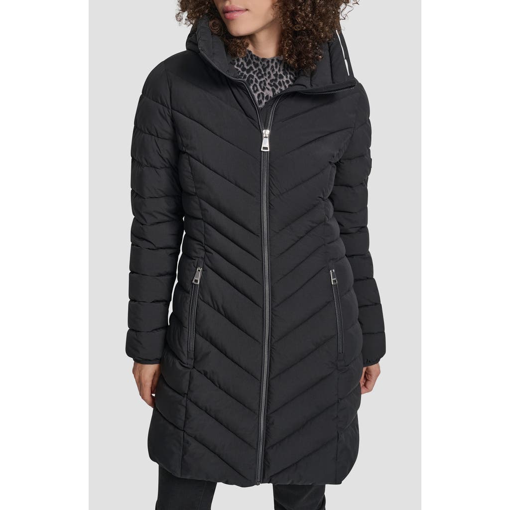Dkny Hooded Chevron Puffer Jacket In Black