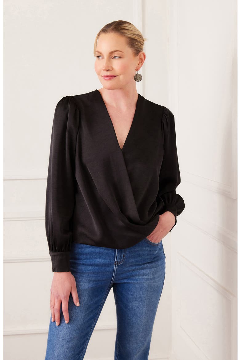 Surplice Drape Front Satin Top, Alternate, color, BLACK