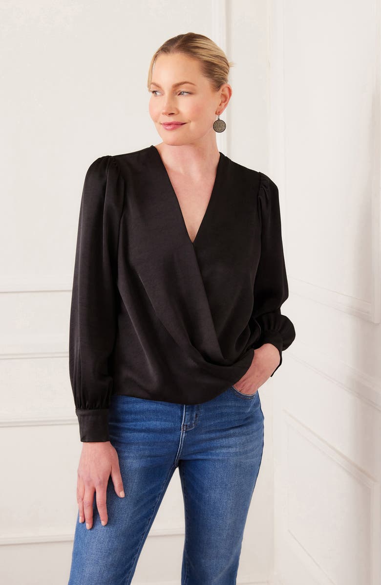 Karen Kane Surplice Drape Front Satin Top, Alternate, color,