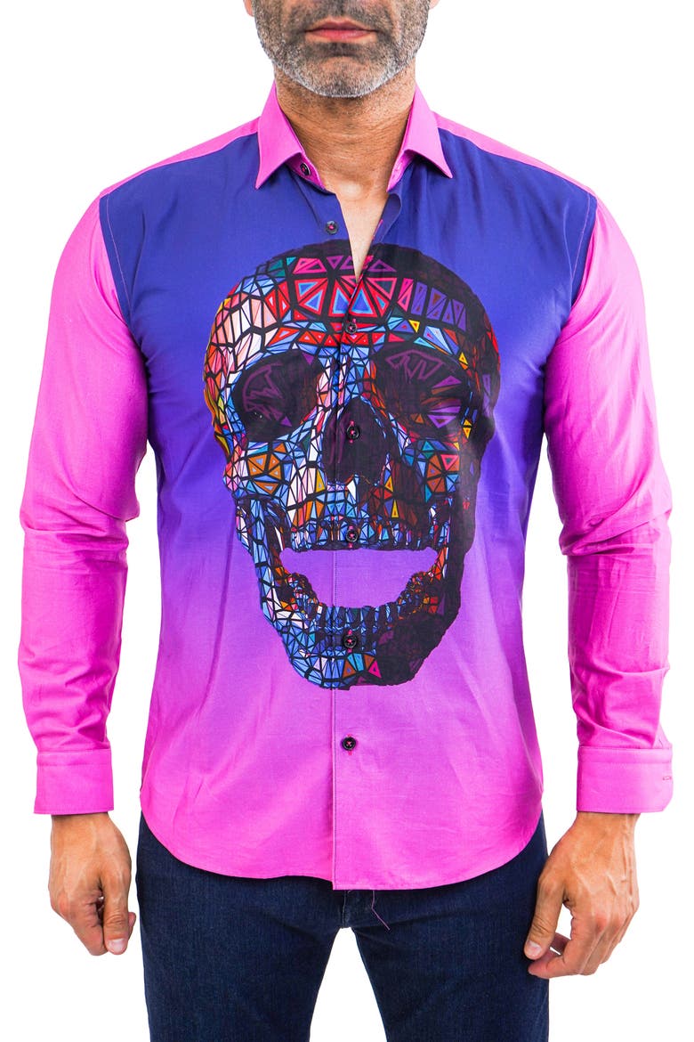 Fibonacci Regular Fit Skull Print Cotton Button-Up Shirt, Main, color, PINK