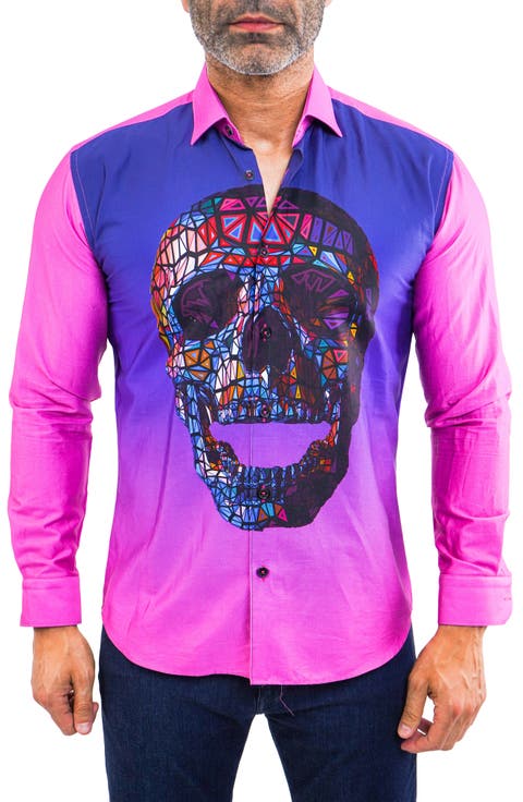Fibonacci Regular Fit Skull Print Cotton Button-Up Shirt