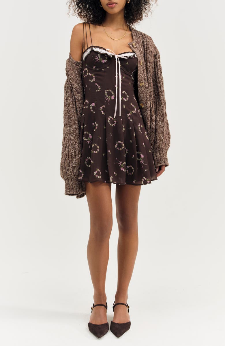 For Love & Lemons Kate Floral Cotton Blend Minidress, Alternate, color, Brown
