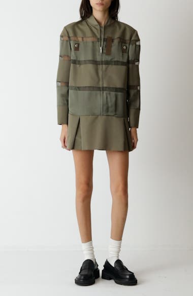 Sacai Long Sleeve Colorblock Stripe Mixed Media Bomber Dress