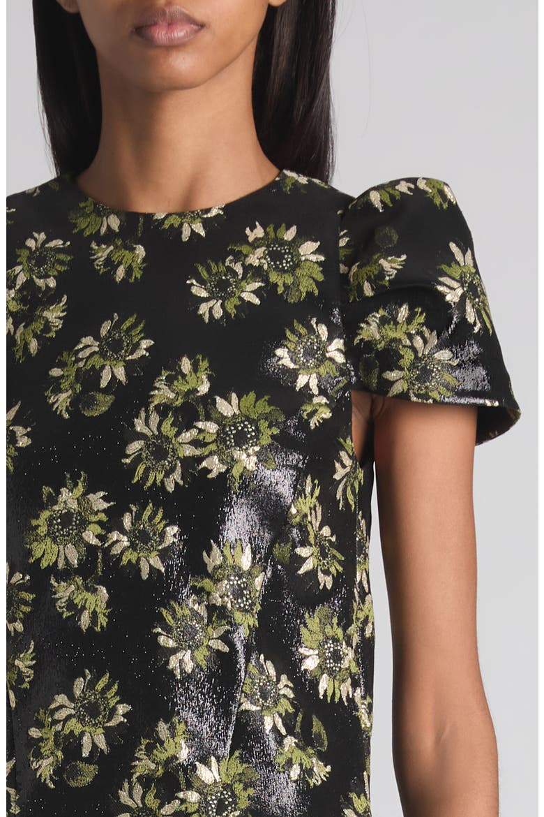 Puff Sleeve Sunflower Jacquard Shift Dress, Alternate, color, BLACK