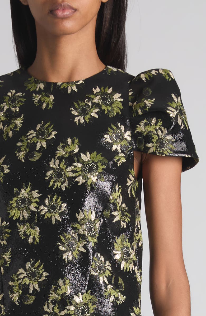 McQueen Puff Sleeve Sunflower Jacquard Shift Dress, Alternate, color, Black