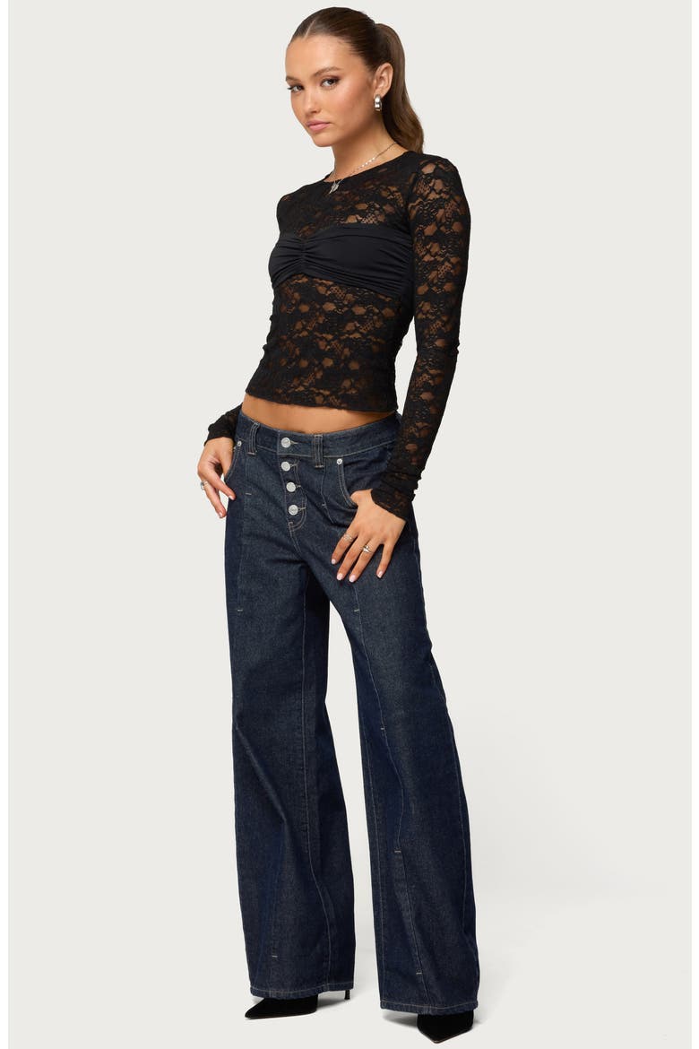 Rosette Bandeau Long Sleeve Lace Top, Alternate, color, BLACK