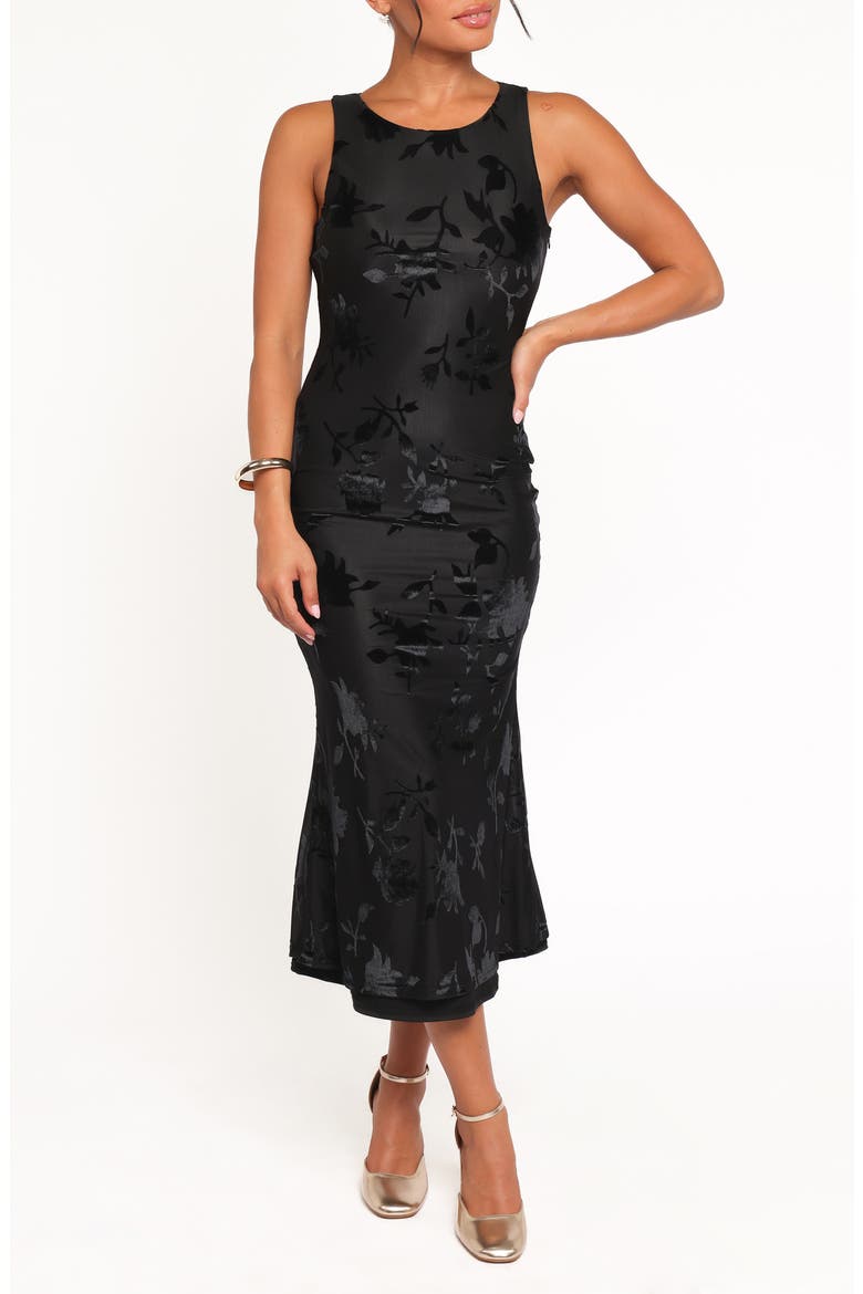 Melinda Sleeveless Velvet Burnout Midi Dress, Main, color, BLACK