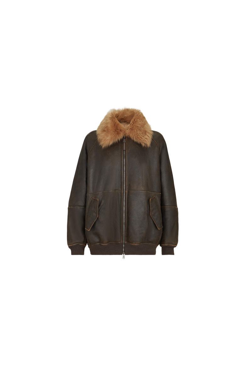 Vintage-effect shearling bomber jacket with shiny zipper pull, Alternate, color, Hazelnut