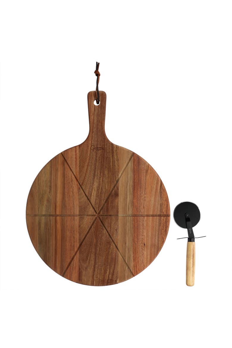 2 Piece Acacia Wood Serving Board and Pizza Cutter Set, Main, color, Brown