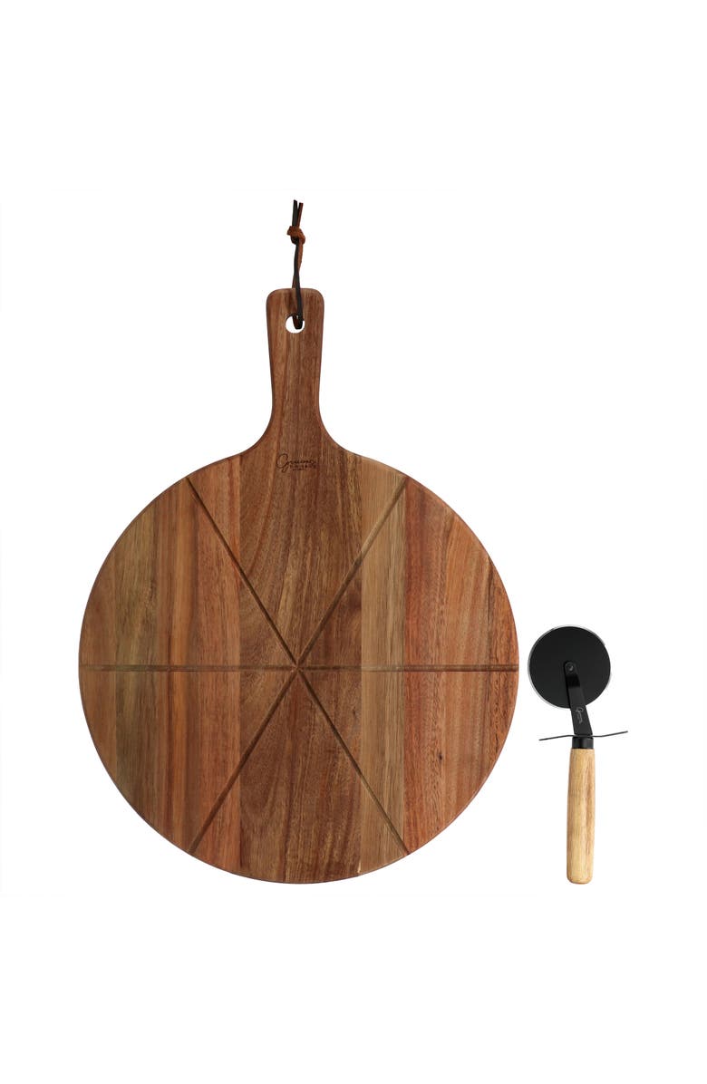 Gibson Elite 2 Piece Acacia Wood Serving Board and Pizza Cutter Set, Main, color, Brown